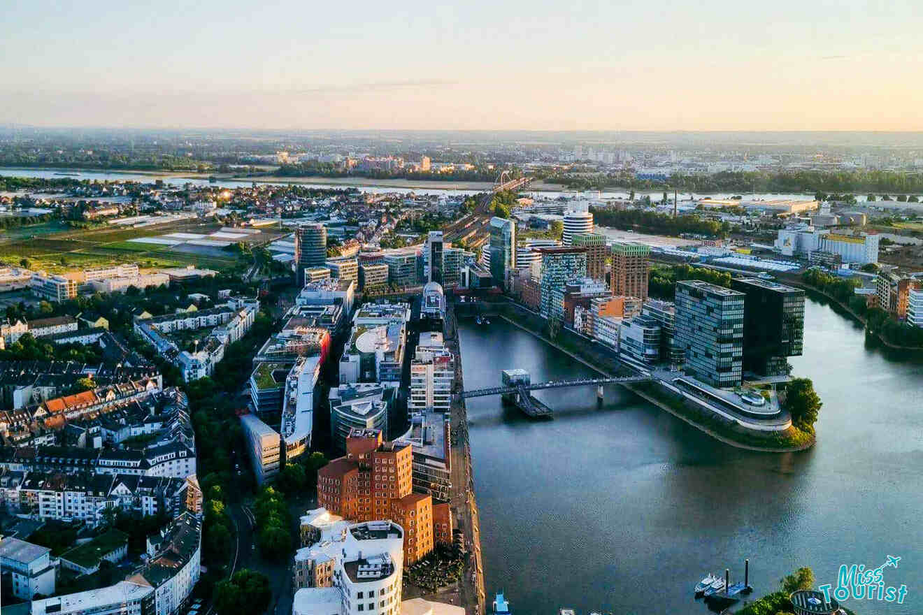 Bird's eye view of Madienhafen and river Rheine